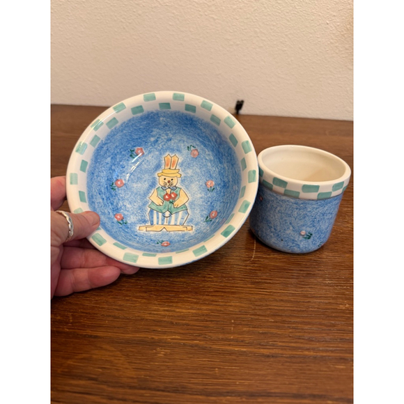 Papel Giftware Bunny Bowl & Cup Set Blue Spongeware Easter Rabbit Country Kitche - Picture 5 of 6